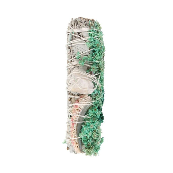 Ritual Wand Smudge Stick with White Sage, Abalone and Quartz - 6in