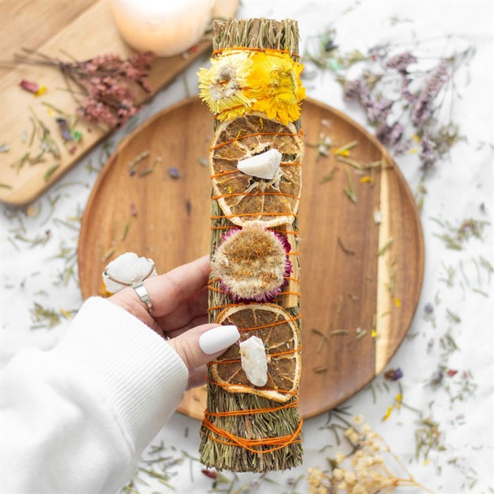 Ritual Wand Smudge Stick with Rosemary, Palo Santo and Quartz - 9in