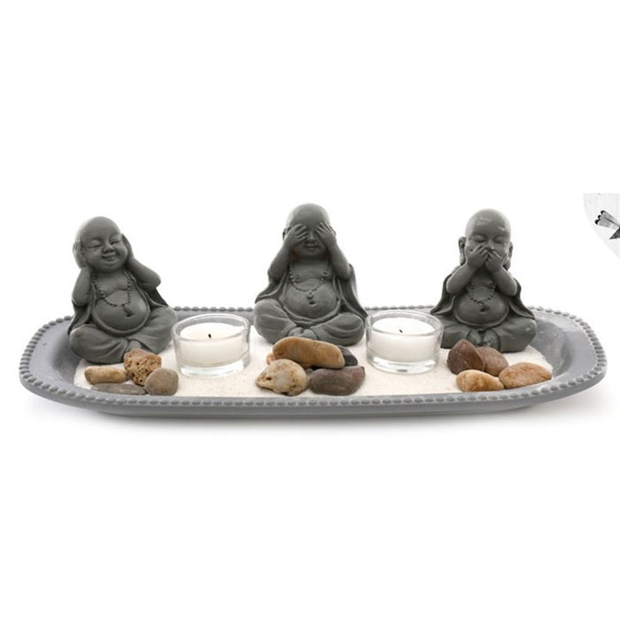Triple Buddha Resin Zen Garden Tealight Holder